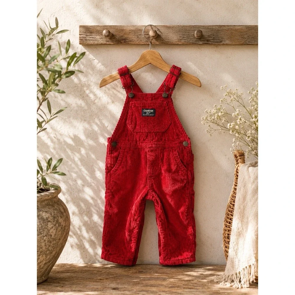 OshKosh Bgosh Kids Red Corduroy Overalls 9M Vintage Style Adjustable Bib Straps